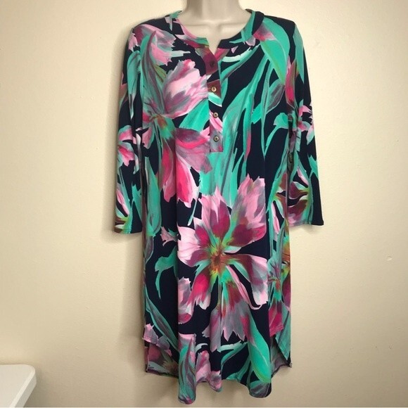 Peach Love California Popover Large Navy Floral Shirttail Dress Women Large - Picture 11 of 11